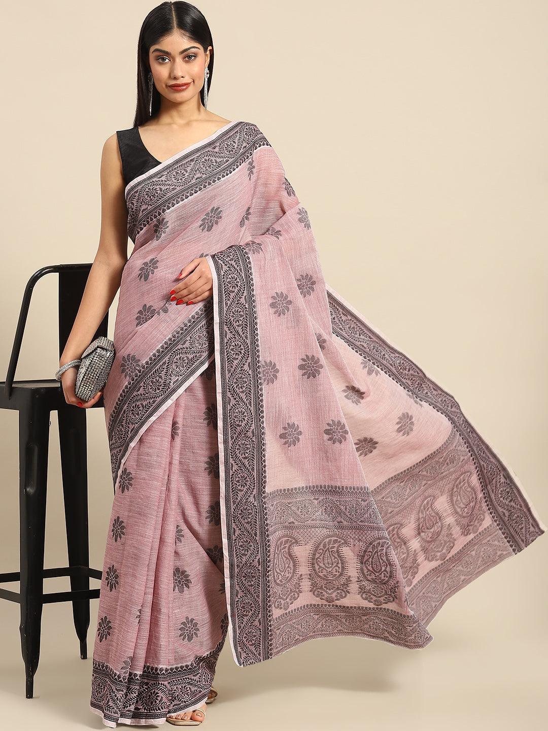 Beautiful Woven Design Printed Saree In Pink - Indiakreations