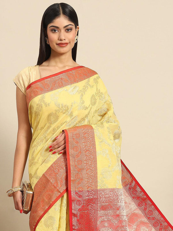 Latest Trendy Printed Silk Blend Saree In Yellow - Indiakreations