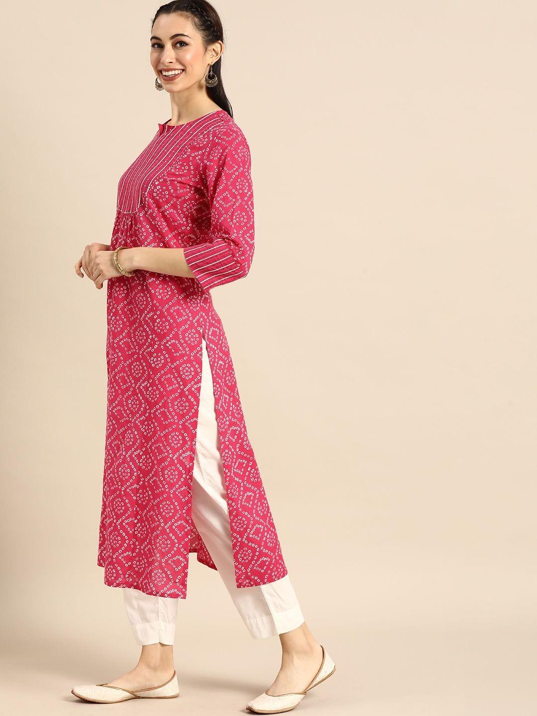 Pink & White Bandhani Printed Kurta - Indiakreations