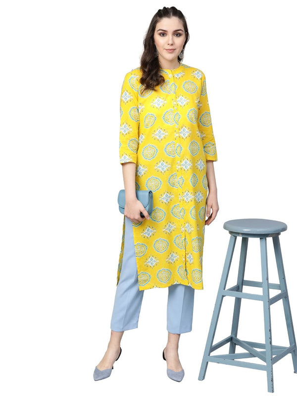 Women's Yellow & White Printed Straight Kurta - Varanga