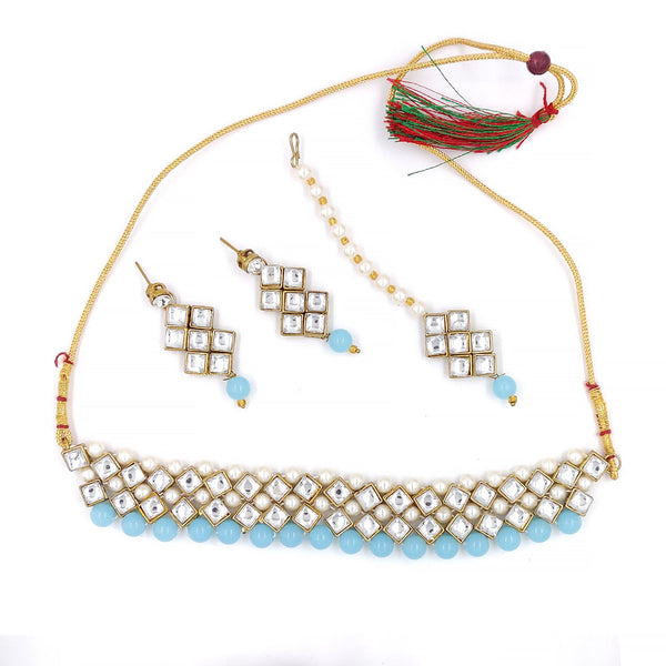 Women's Stylish Kundan and Light Blue Choker Set  - Zaffre Collections