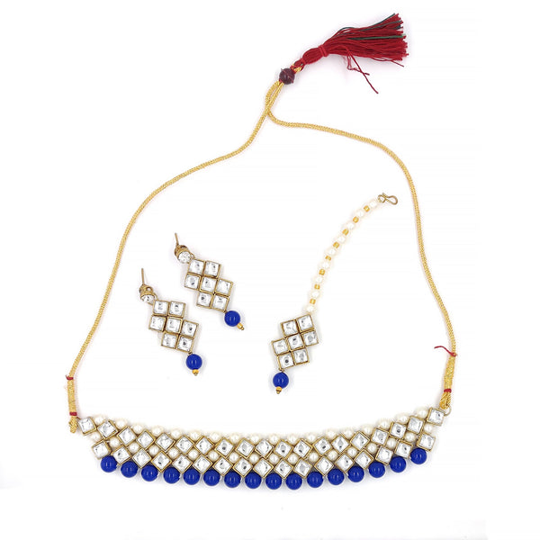 Women's Stylish Kundan and Blue Choker Set  - Zaffre Collections