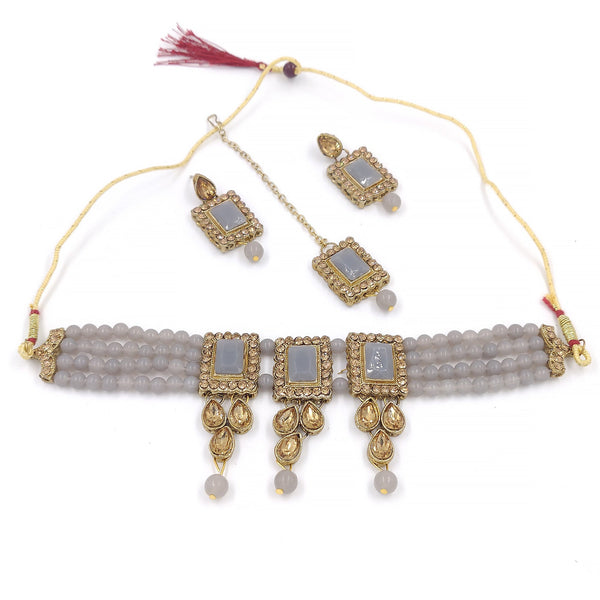 Women's Multistrand Grey Beads and Stones Traditional Choker Necklace & Maang Tikka  - Zaffre Collections