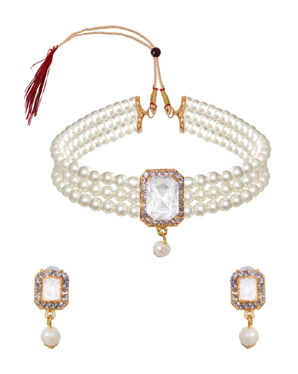 Women's Attractive White Pearls With white Stone Choker  - Zaffre Collections