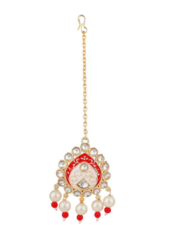 Women's Wedding Wear Red Pearl Necklace Set with Maang Tikka  - Zaffre Collections