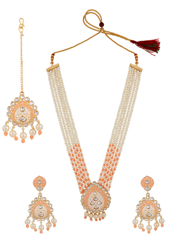 Women's Wedding Wear Peach Pearl Necklace Set with Maang Tikka  - Zaffre Collections