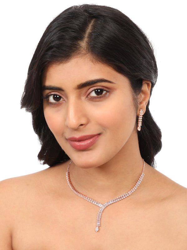 Women's AD Rose Gold Y Shape Necklace Set - Zaffre Collections