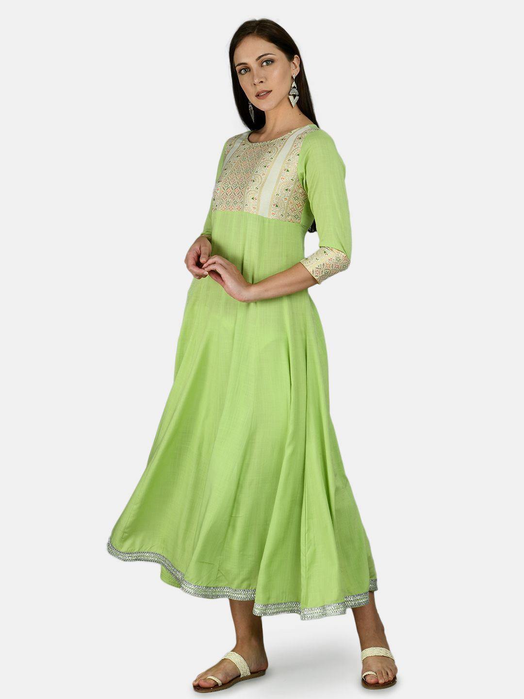 Women's Green Rayon Printed 3/4 Sleeve Round Neck Casual Anarkali Dupatta Set - Myshka - Indiakreations