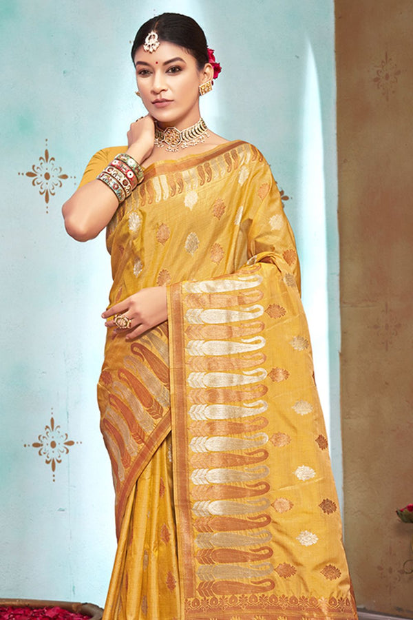 Women's Yellow Silk Woven Zari Work Traditional Tassle Saree - Sangam Prints