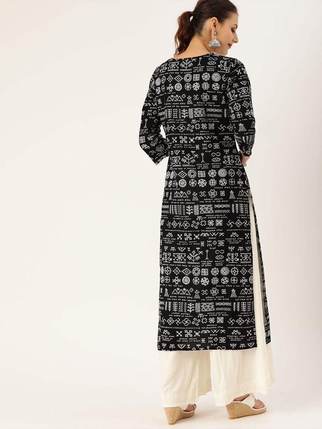 Women Black & White Printed Straight Kurta - Indiakreations