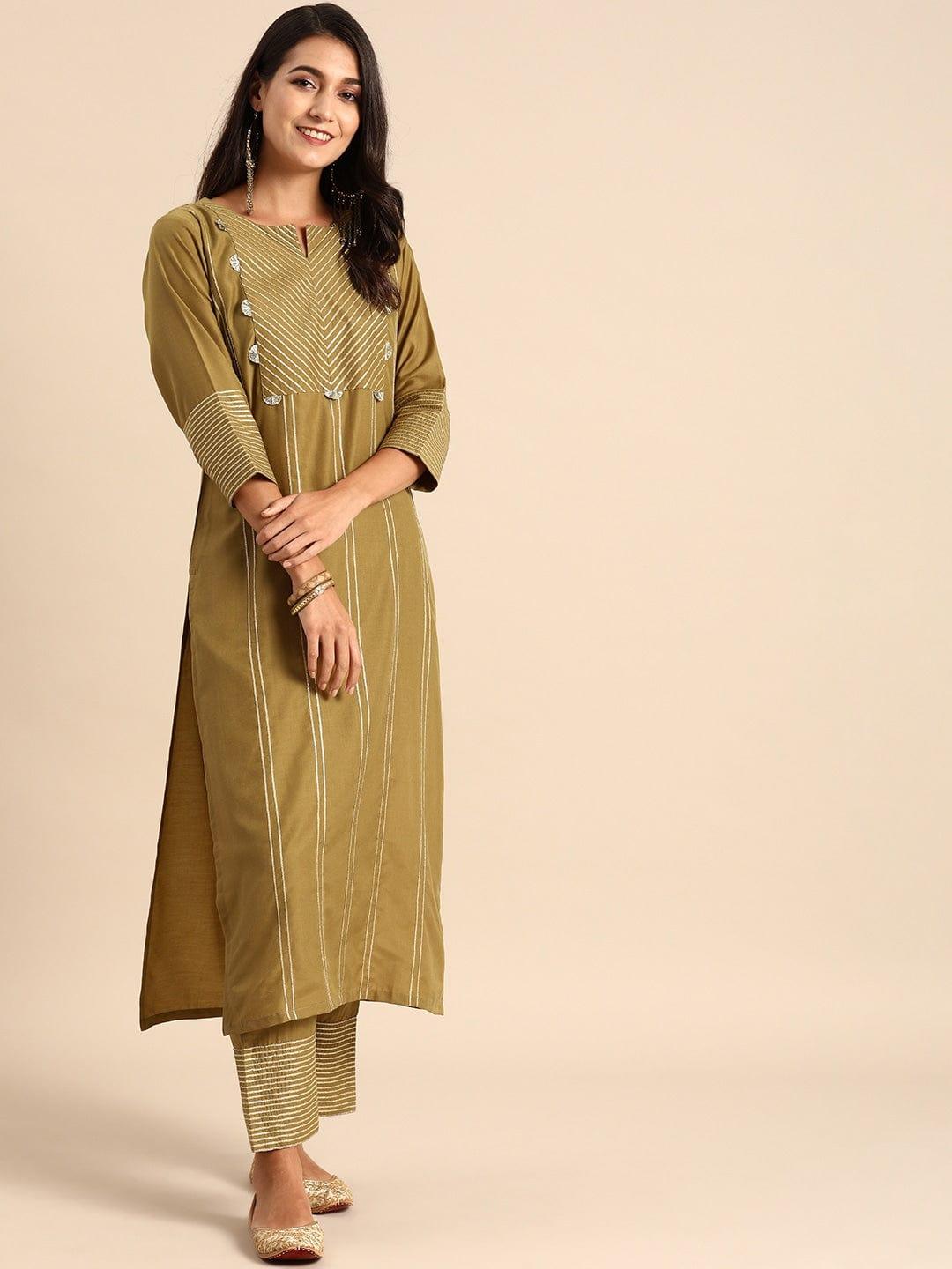 Olive Brown Striped Kurta with Trousers - Indiakreations