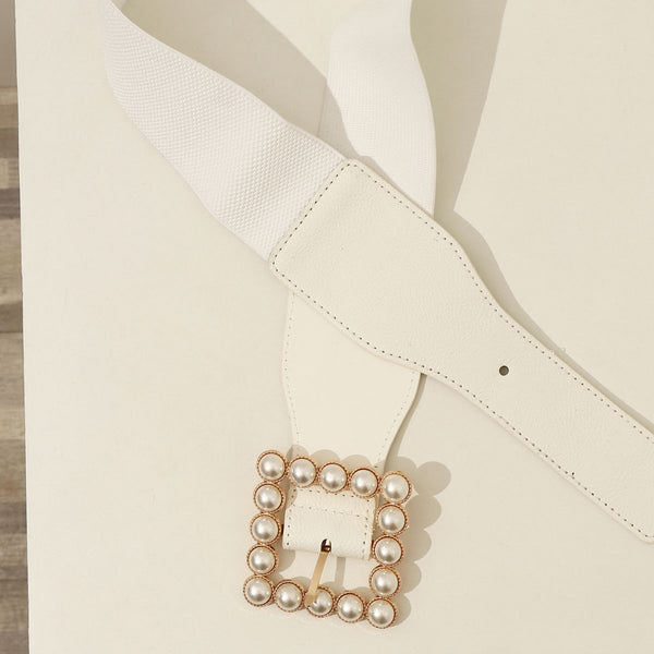 White Pearl Square Buckle Wide Belt