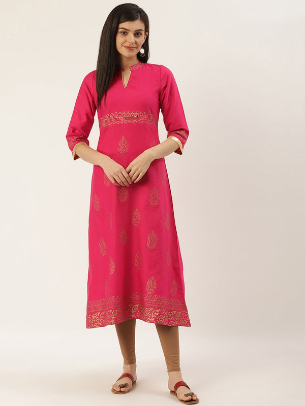 Women's Pink & Golden Printed A-Line Kurta - Noz2Toz