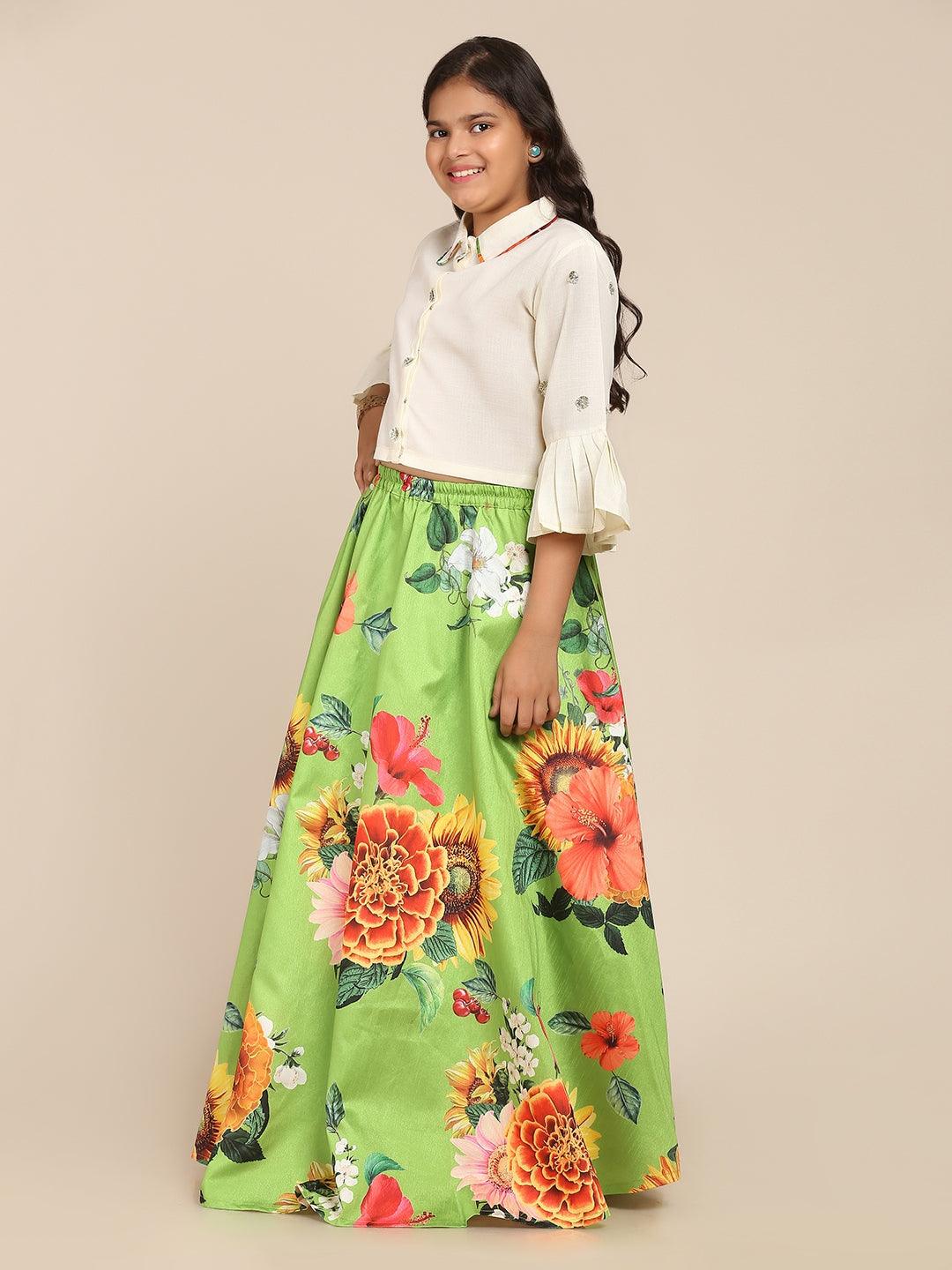 Girl's Lime Green & White Floral Printed Ready To Wear Lehenga Choli - NOZ2TOZ KIDS - Indiakreations