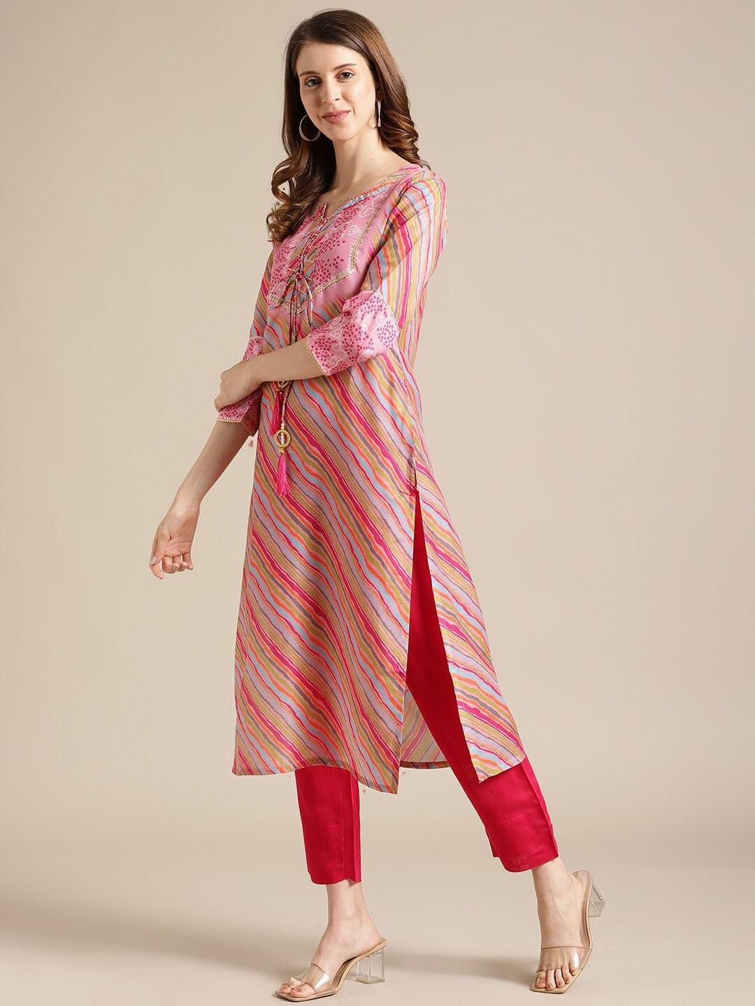 Pink & Red Striped Gotta Patti Kurta - Indiakreations