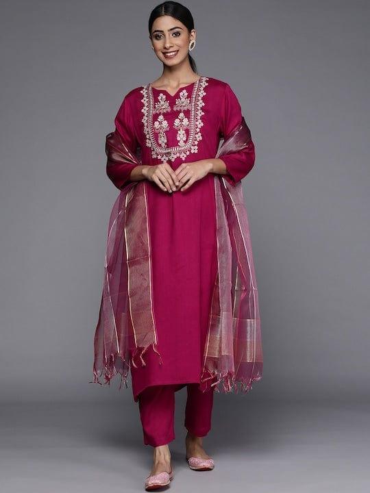 Varanga magenta kurta with dori and zari embroidered yoke paired with organza dupatta and straight trouser - Indiakreations