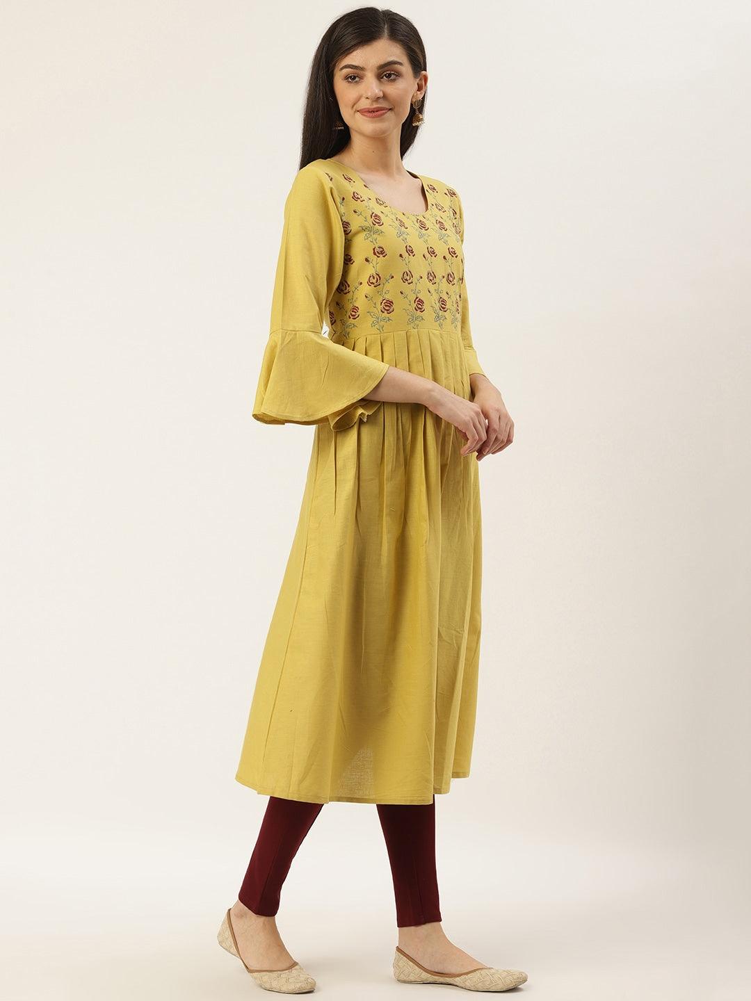 Women's Green & Maroon Floral Printed A-Line Kurta - Noz2Toz - Indiakreations