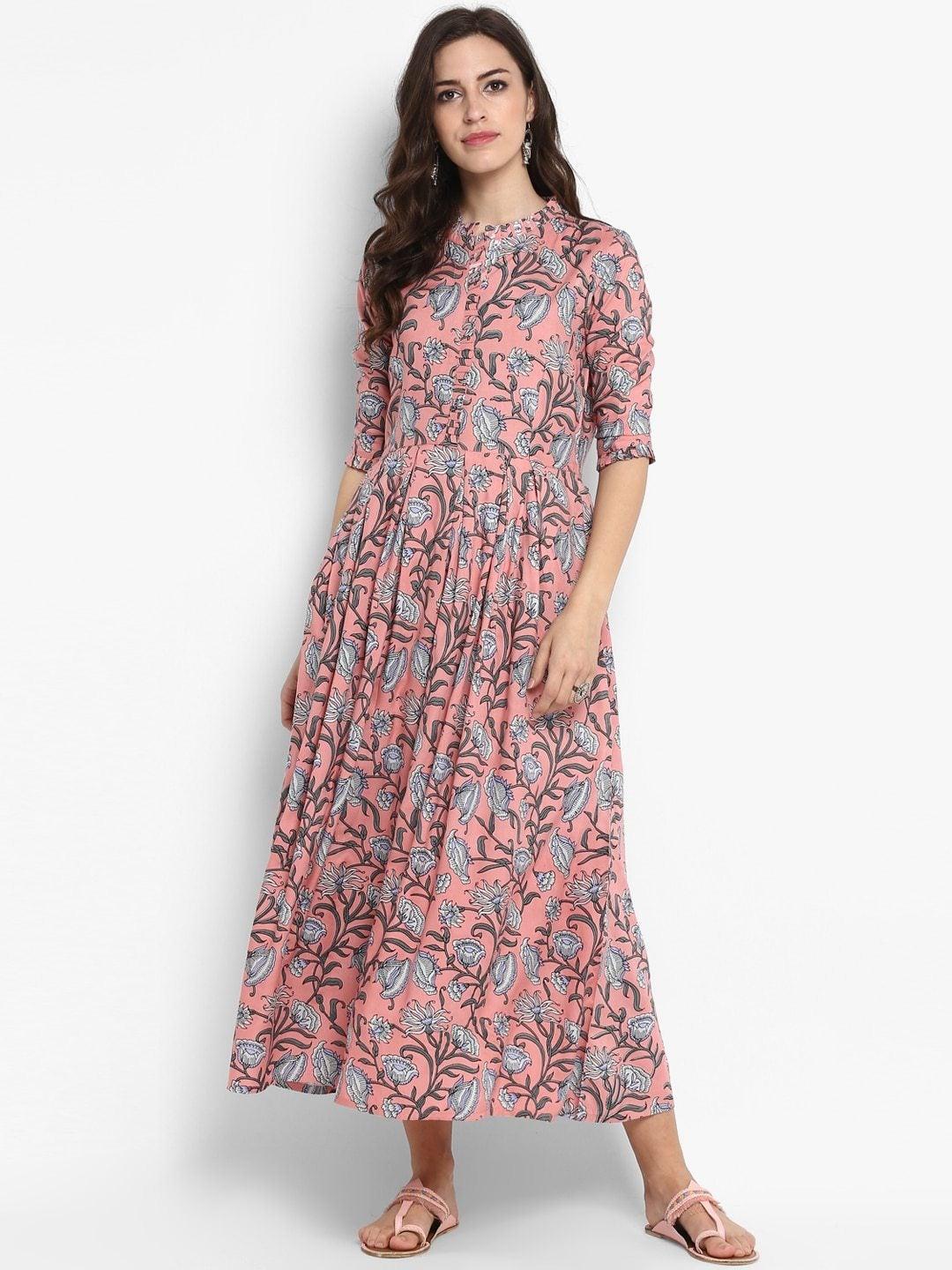 Women's Peach-Coloured Printed Maxi Dress - Meeranshi - Indiakreations