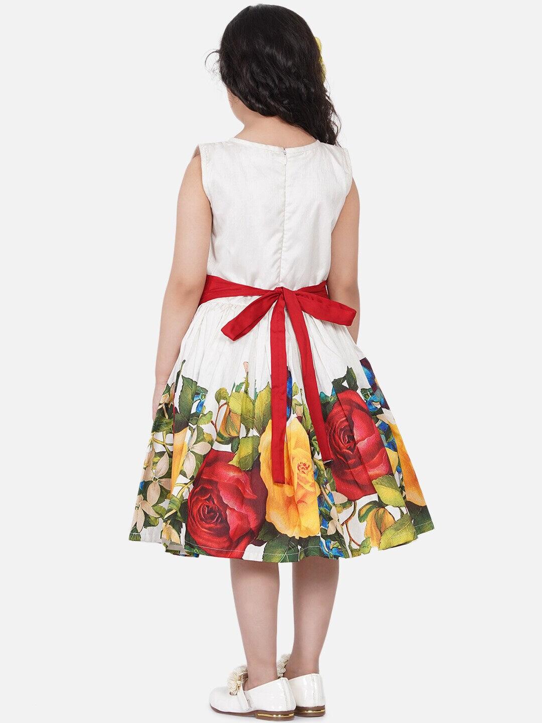 Girl's Off White & Red Floral Dress - NOZ2TOZ KIDS - Indiakreations