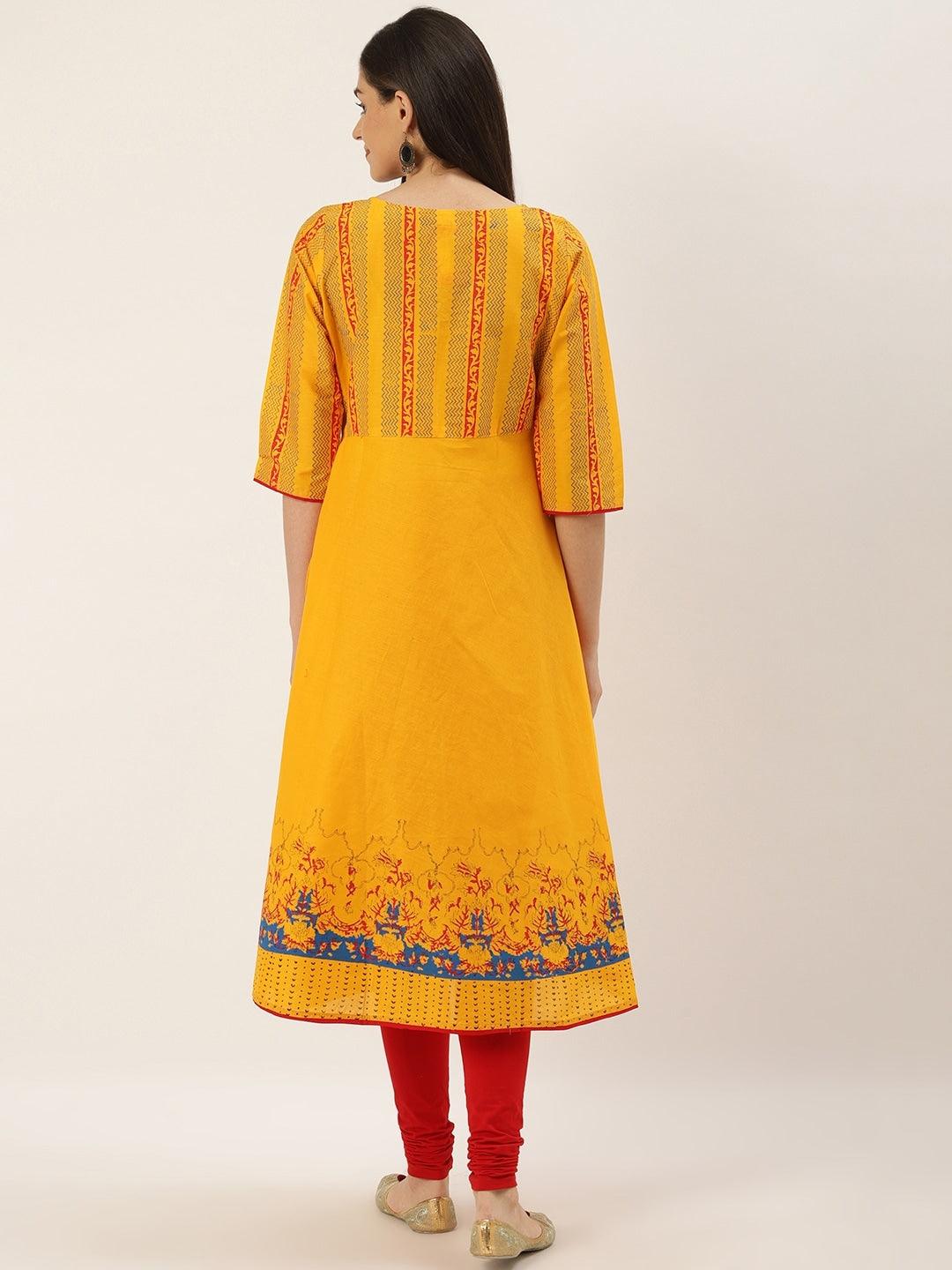 Women's Yellow & Navy Blue Hand Block Printed A-Line Kurta - Wahe-Noor - Indiakreations