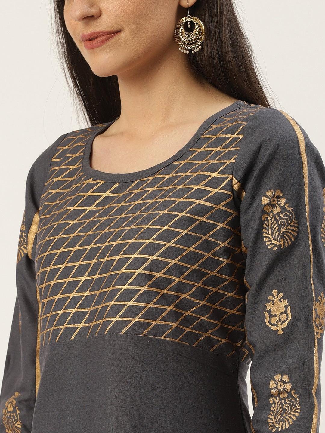 Women's Charcoal Grey & Golden Printed A-Line Kurta - Noz2Toz - Indiakreations