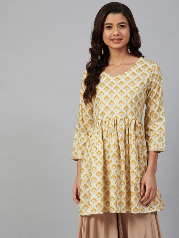 Women's Cream-Coloured & Mustard Yellow Printed A-Line Kurti - Meeranshi - Indiakreations