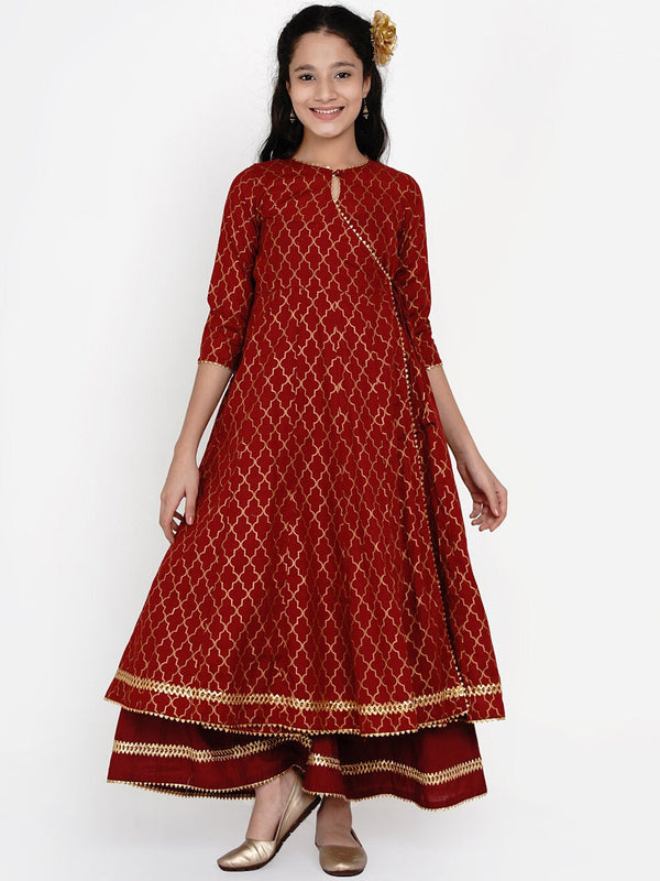 Girl's Maroon & Gold Ethnic Motifs Foil Print Anarkali Kurta With Palazzos - NOZ2TOZ KIDS