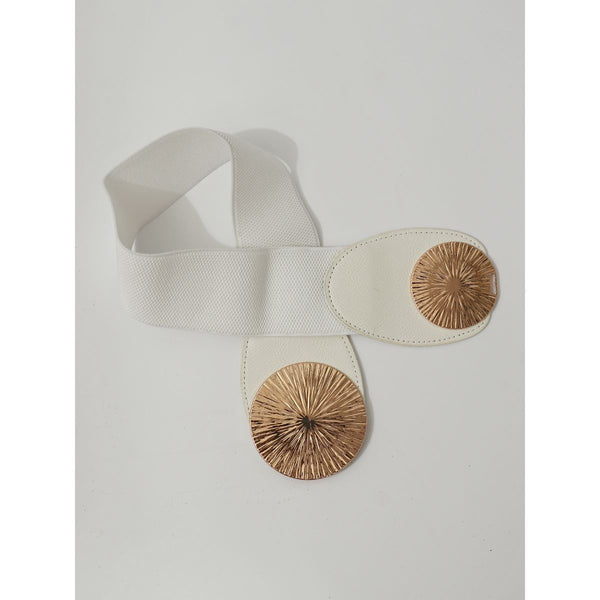 Statement White Faux Leather Round Gold Buckle Waist Belt