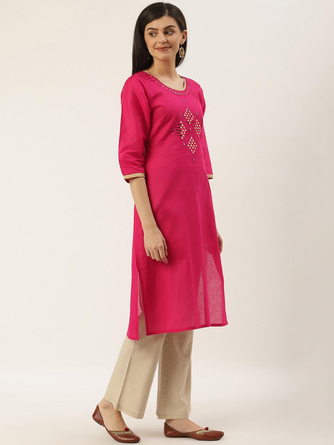 Women's Pink Yoke Design Straight Kurta - Noz2Toz - Indiakreations