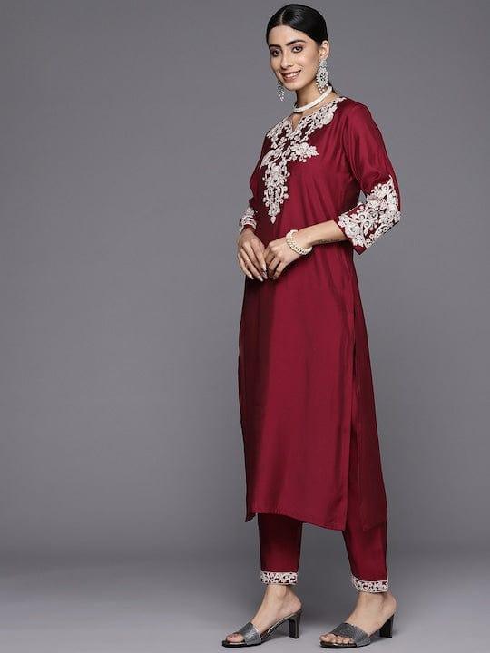 Varanga Women Embroidered Thread Work Kurta With Trousers & Dupatta - Indiakreations