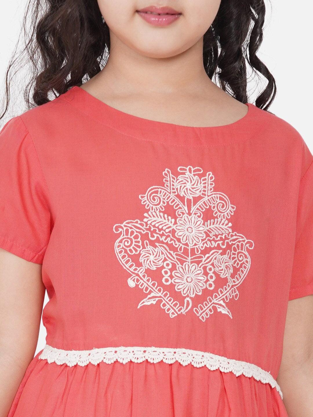 Girl's Peach-Coloured Embroidered Kurta with Dhoti Pants & With Dupatta - NOZ2TOZ KIDS - Indiakreations