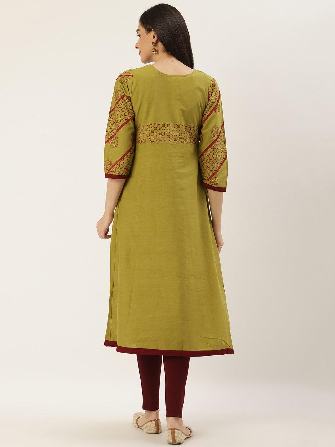 Women's Lime Green & Red Solid Pleated A-Line Kurta - NOZ2TOZ - Indiakreations