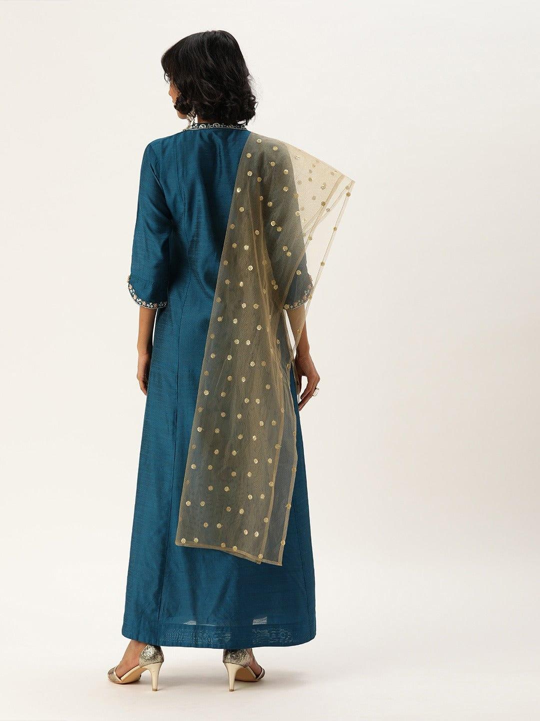 Teal Blue Embroidered A-Line Kurta - Indiakreations