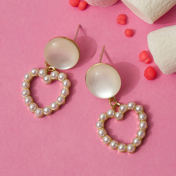 White Stone and Pearl Heart Shaped Dangler Earring