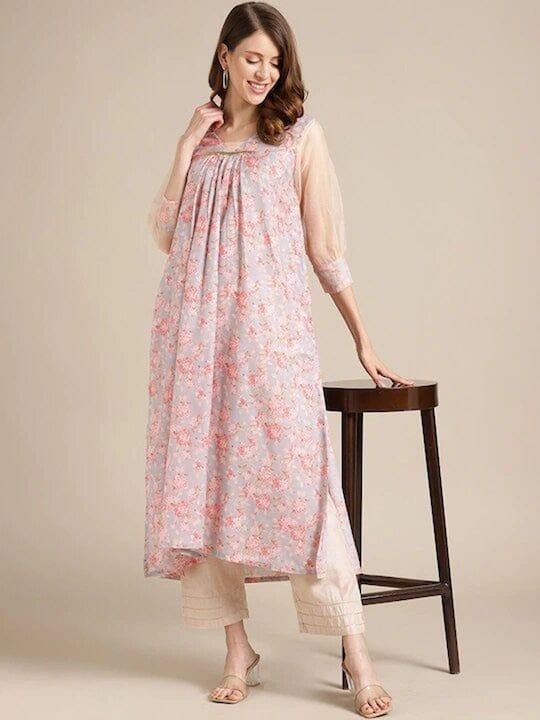 Varanga Women Blue & Peach-Coloured Floral Kurta - Indiakreations