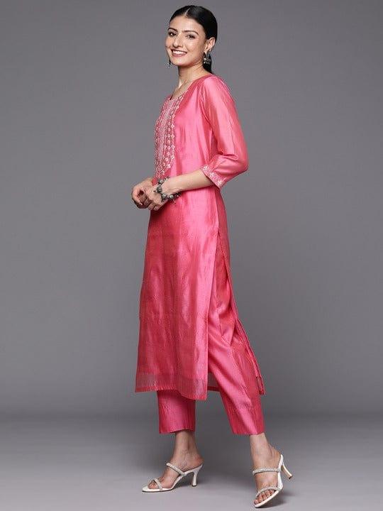 Varanga Women Pink Yoke Design Kurta with Trousers & With Dupatta - Indiakreations