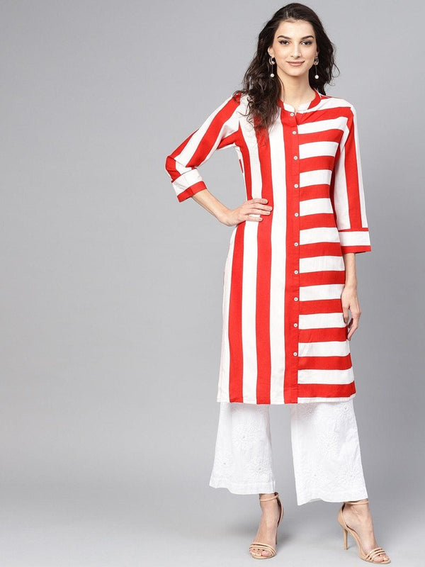 Women's Red & White Striped Straight Kurta - Meeranshi - Indiakreations