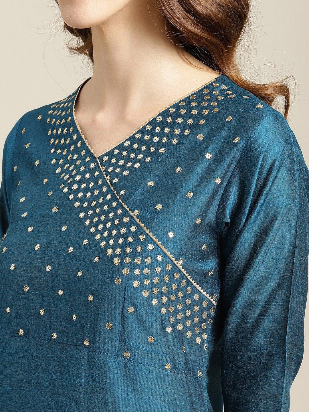 Teal Ethnic Motifs Printed Angrakha Kurta with Palazzos & With Dupatta - Indiakreations