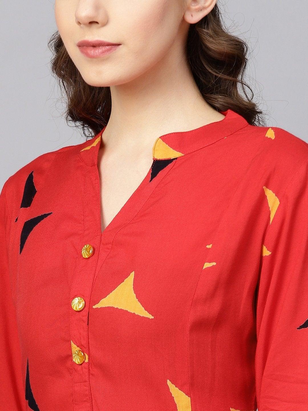 Women's Red & Mustard Yellow Printed Straight Kurta - Meeranshi - Indiakreations