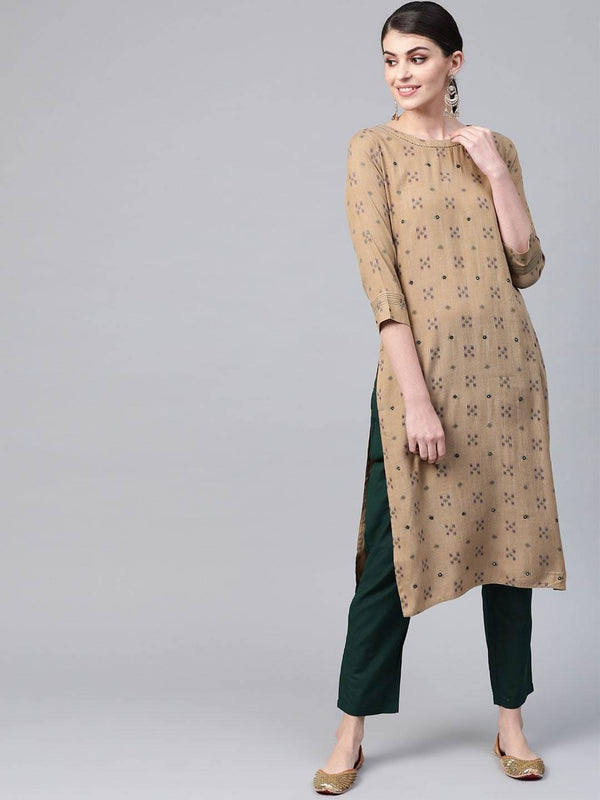 Women's Beige & Green Woven Design Kurta with Trousers - Meeranshi - Indiakreations