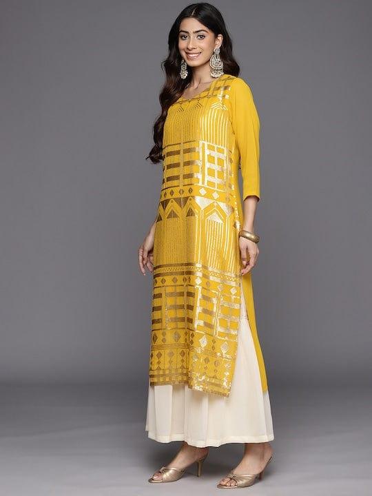 Varanga Yellow Embroidered Regular Sequinned Silk Georgette Kurta With Sharara & Dupatta - Indiakreations