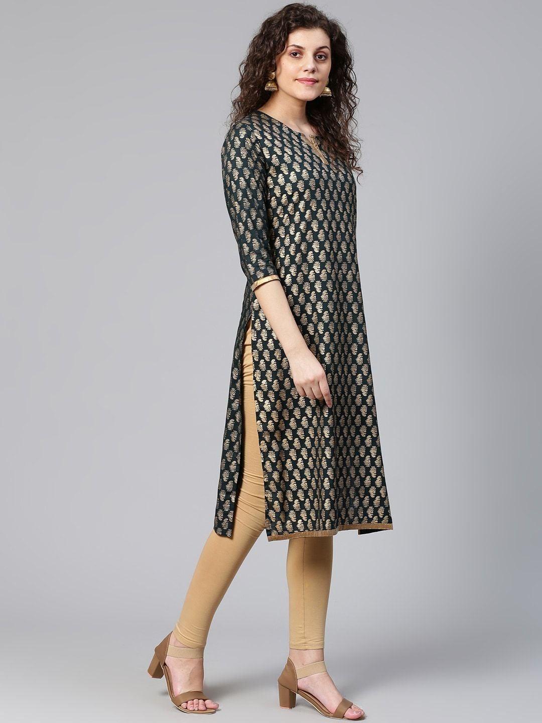 Women's Teal Green & Golden Gotta Patti Ethnic Printed Straight Kurta - Meeranshi - Indiakreations