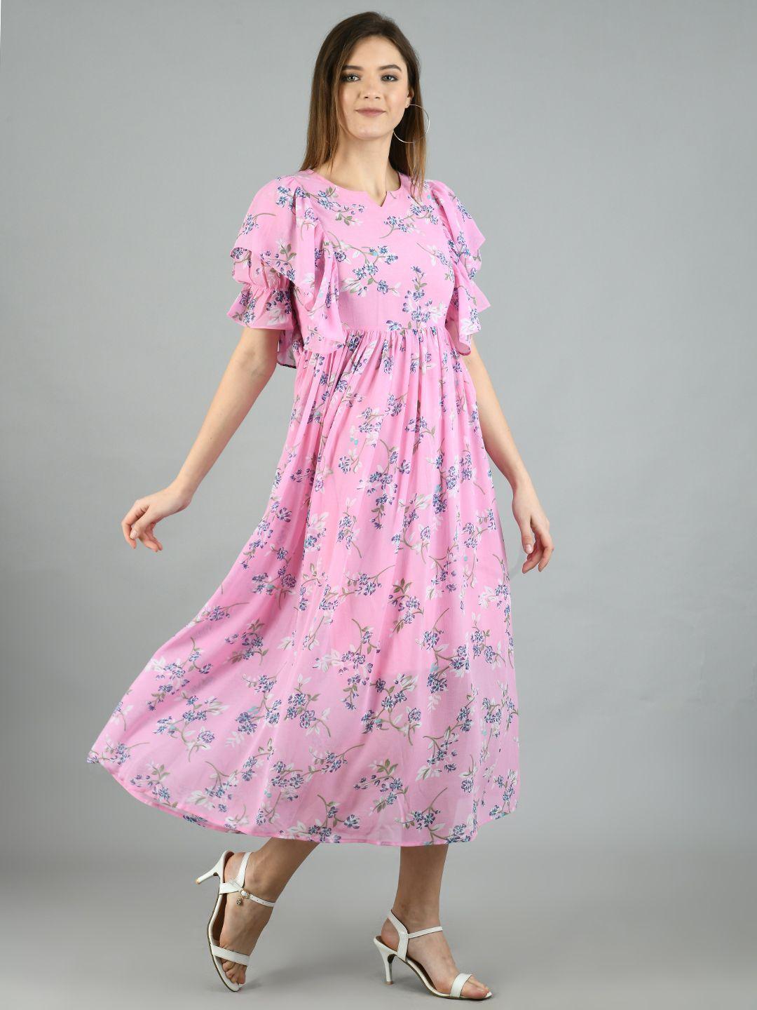 Women's Pink Georgette Printed Half Sleeve Round Neck Casual Dress - Myshka - Indiakreations