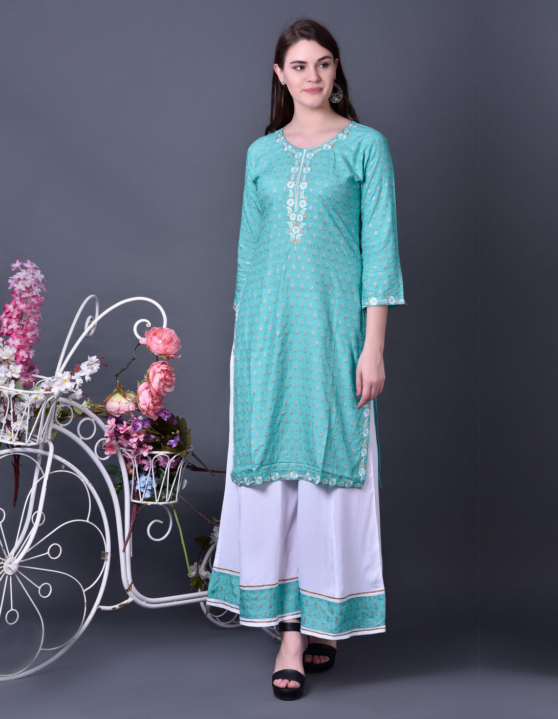 Women's Sky Blue Rayon Kurta Plazzo Set - Noz2Toz