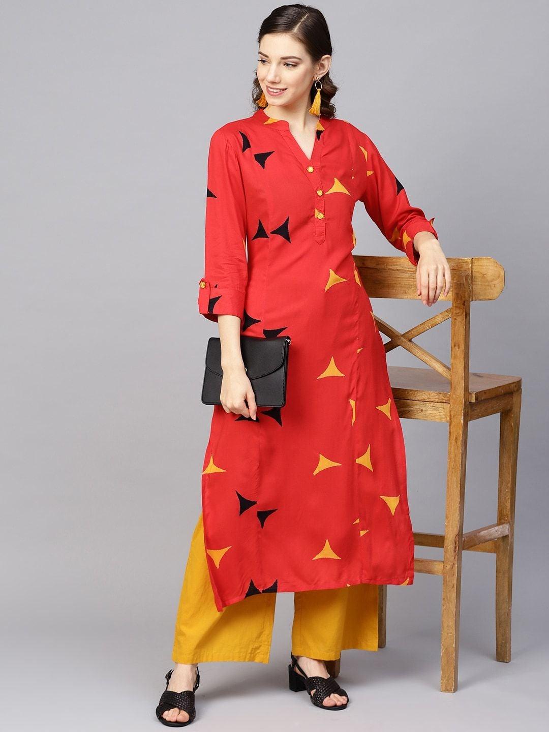 Women's Red & Mustard Yellow Printed Straight Kurta - Meeranshi - Indiakreations