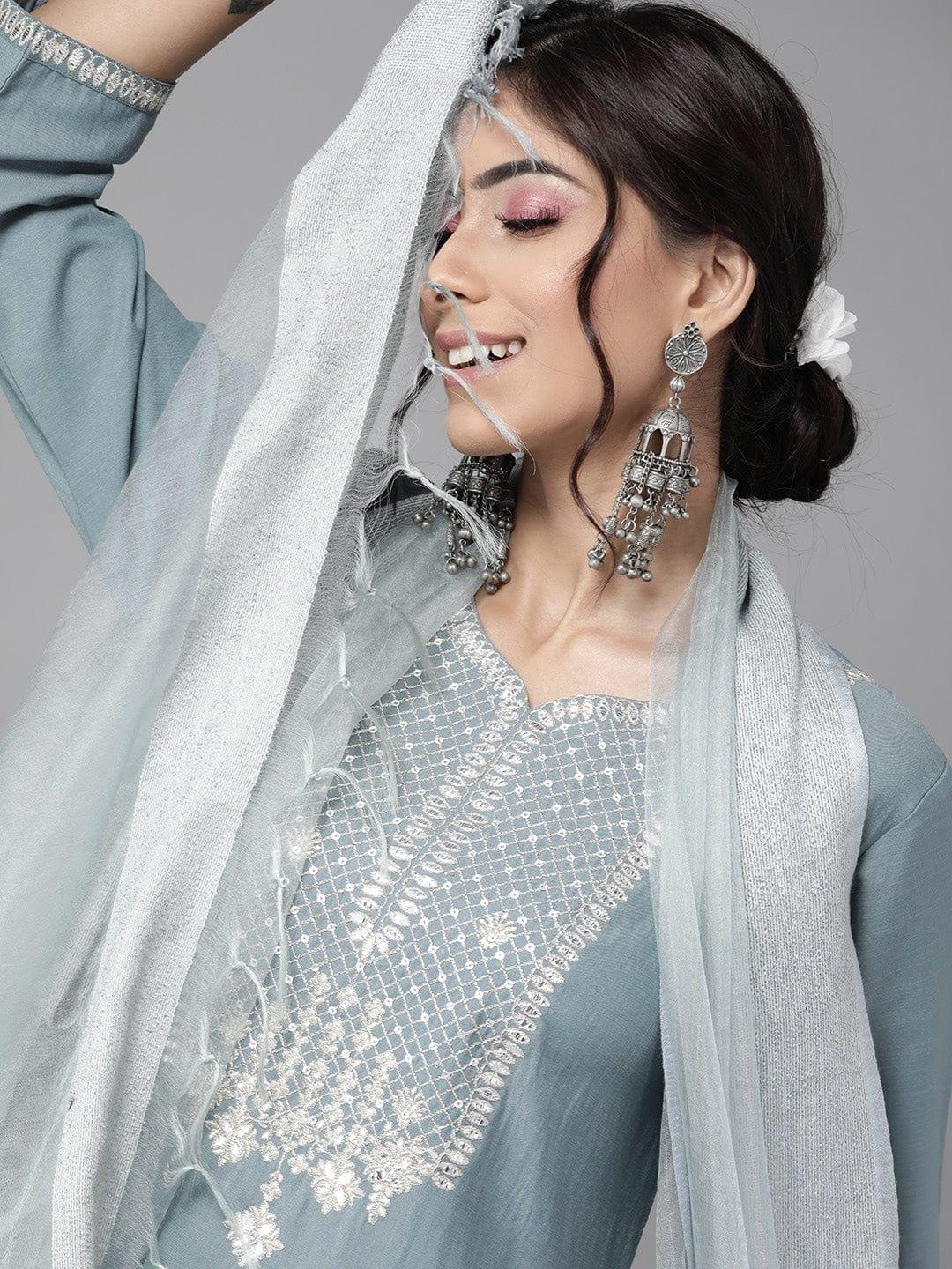 Blue & Grey Ethnic Motifs Yoke Design Kurta with Trousers & Dupatta - Indiakreations