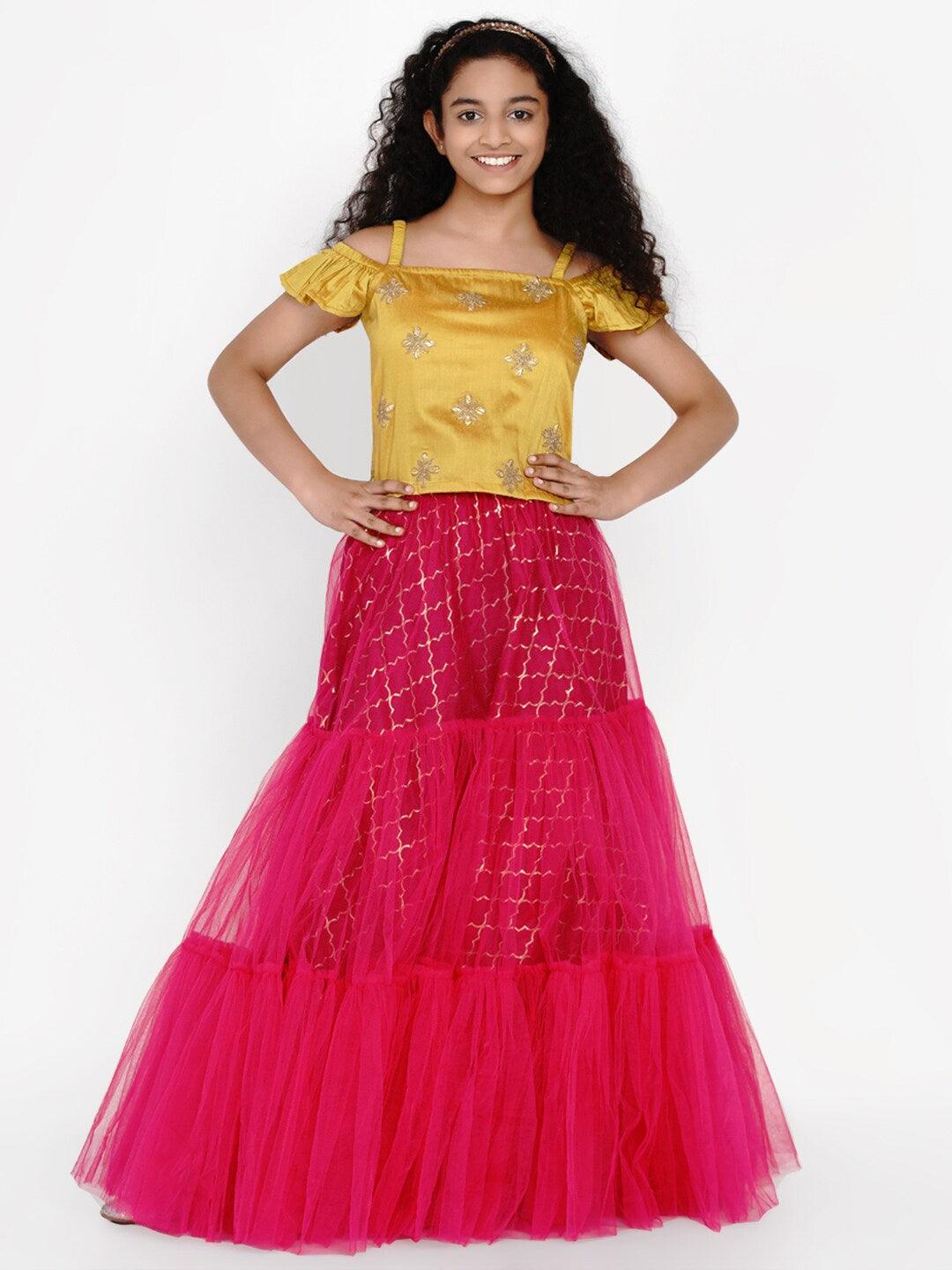 Girl's Mustard & Fuchsia Embroidered Ready to Wear Lehenga Choli - NOZ2TOZ KIDS - Indiakreations