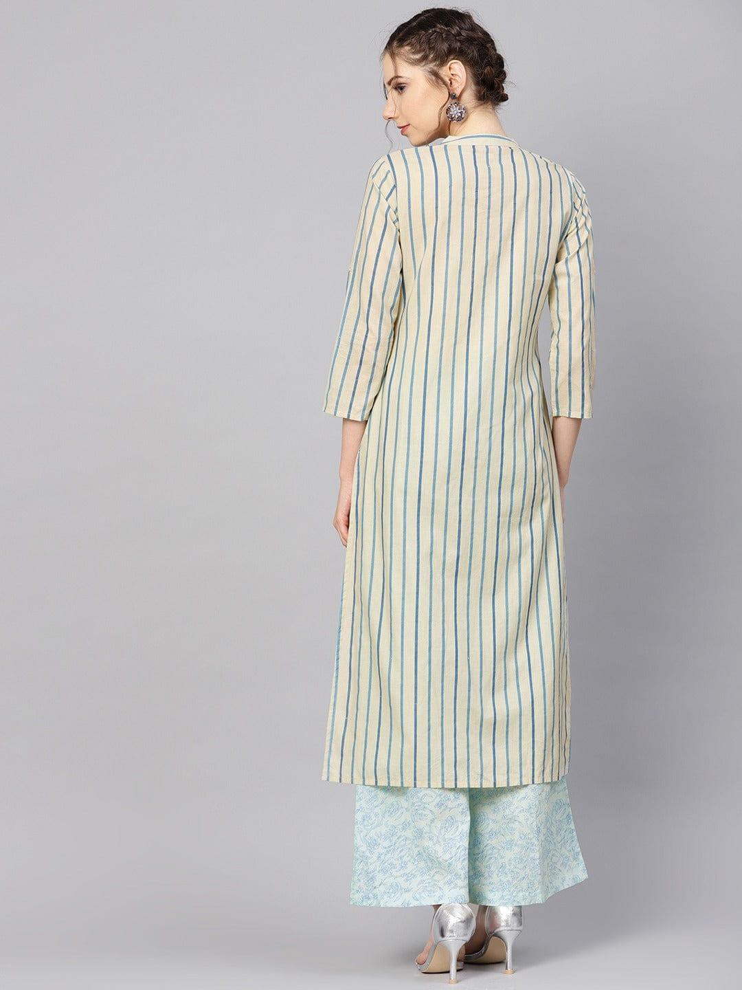 Beige & Blue Striped Kurta with Palazzos - Indiakreations