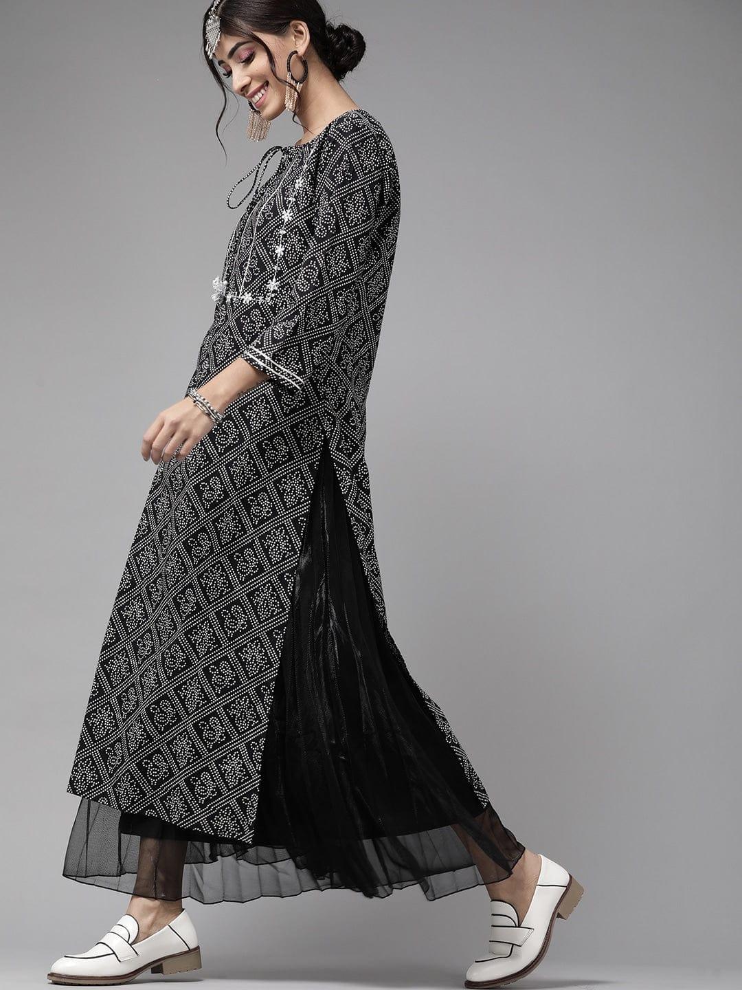 Black & White Bandhani Printed Pure Cotton Gotta Patti Kurta - Indiakreations