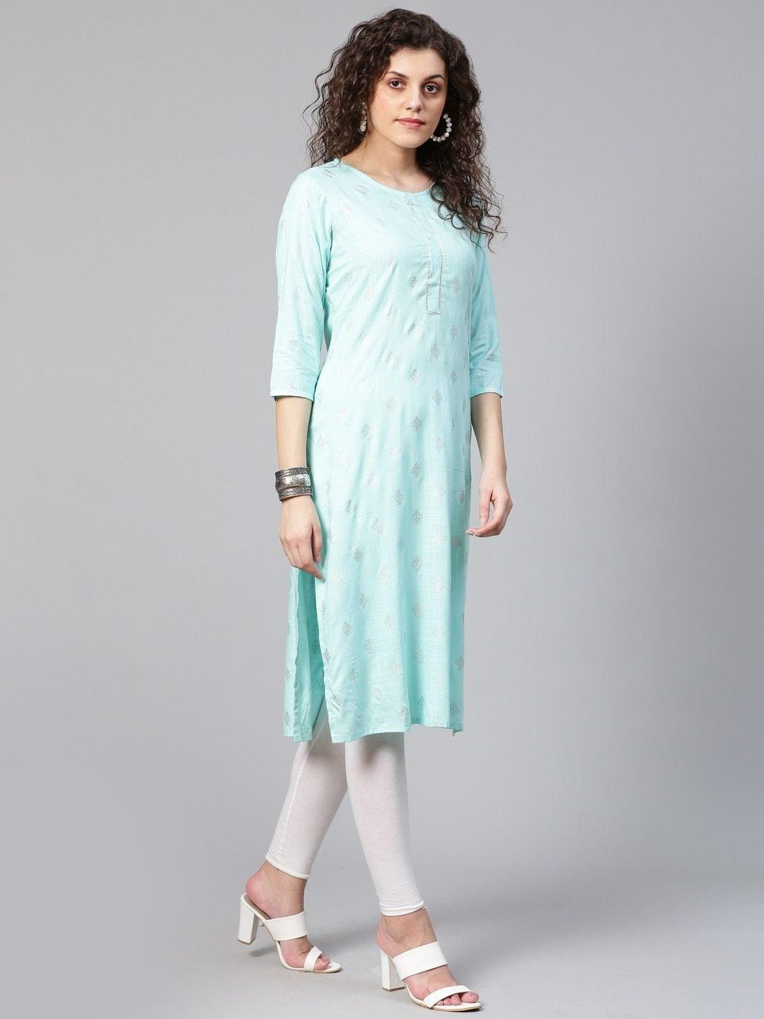 Women's Blue & Silver Printed Straight Kurta - Meeranshi - Indiakreations